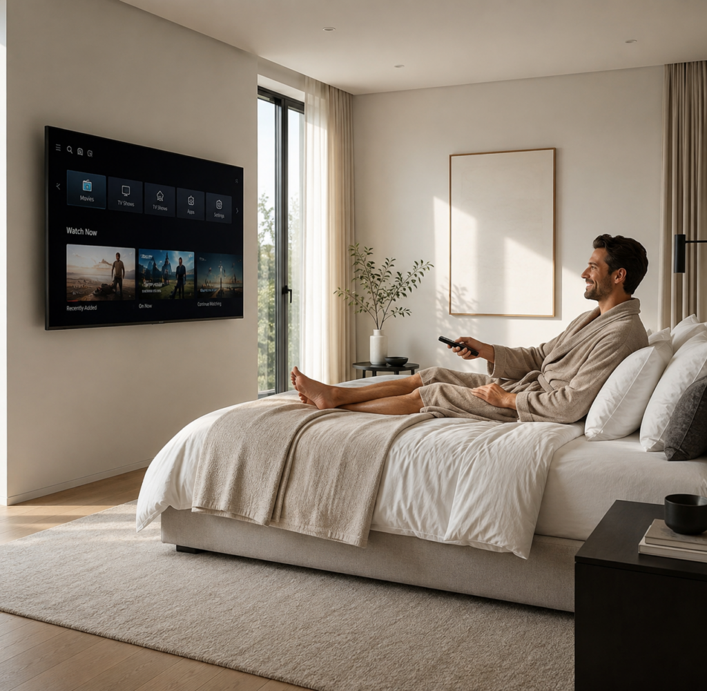 Guest watching DIRECTV in a hotel room